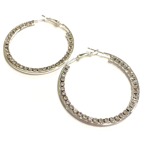 Hoop Earrings Silver Tone Rhinestones 2” - Picture 1 of 4